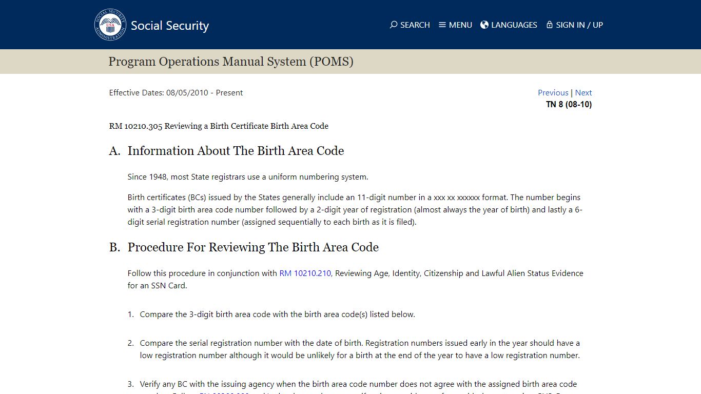 RM 10210.305 Reviewing a Birth Certificate Birth Area Code